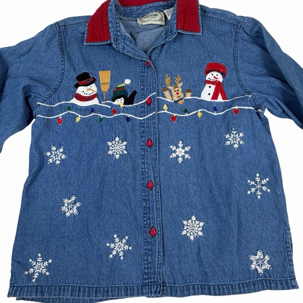 VTG Tantrums Button-up Denim Shirt Snowmen Medium Winter Christmas Shacket